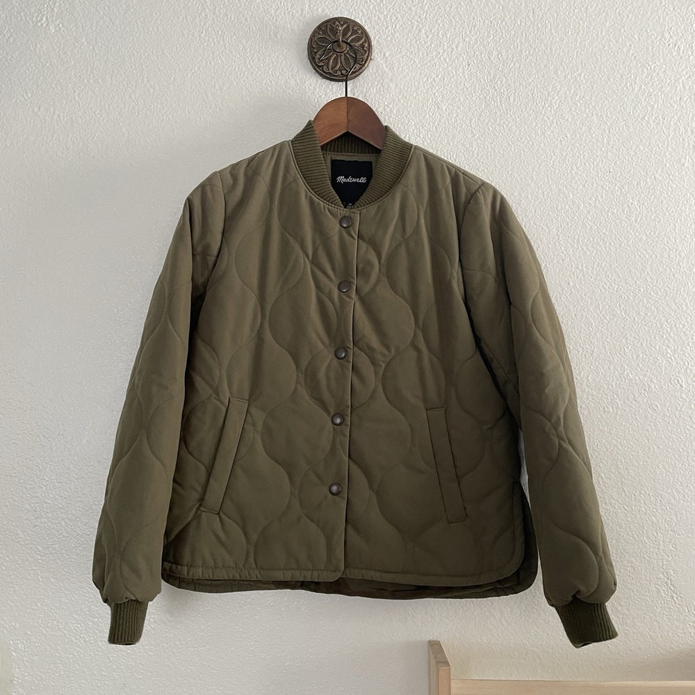 Madewell‎ Olive Green Quilted Bomber Jacket Womens Extra Small Snap Buttons